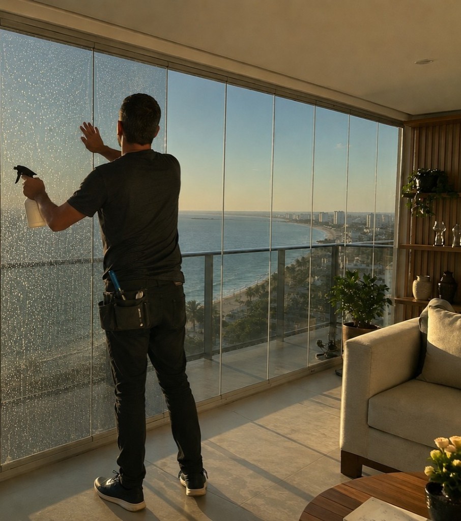 Aplicação profissional de película em fachada de vidro com vista panorâmica